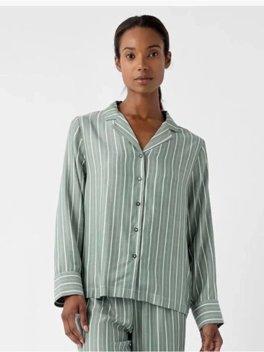 Cozy Earth Women’s soft woven pajama top Jasper Green White Button-Front Medium